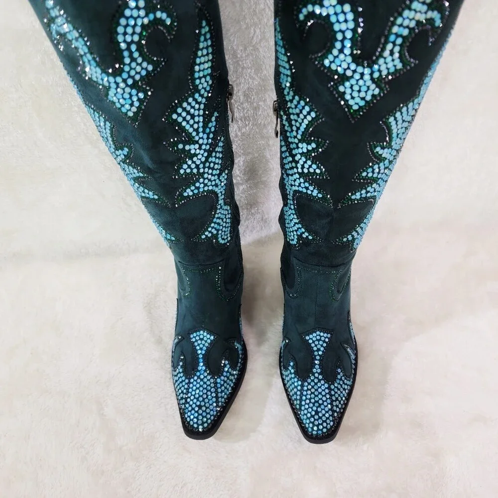 NIB Sparks Country Western Cowgirl Knee Boots Dazzleing Iridescent Rhinestones - Picture 7 of 16